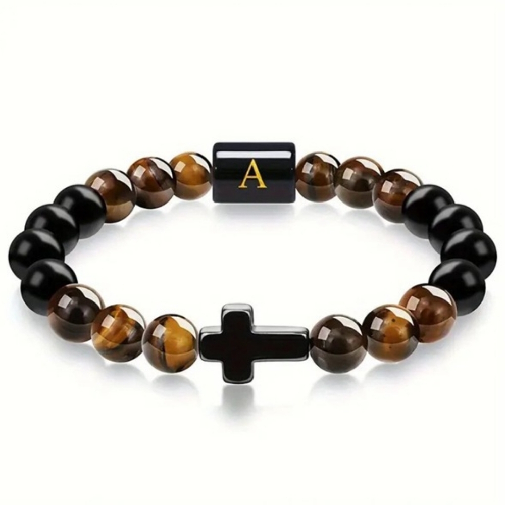 Men's Tiger Eye Stone Beaded Bracelet Engraved Letter A & Cross